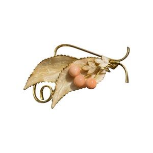 Vintage Enamel Leaf & Peach Bead Floral Brooch Gold Tone